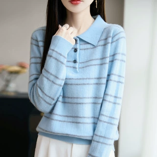 100%纯羊毛2025秋冬新女短款宽松Polo翻领拼色打底针织毛衣山羊绒