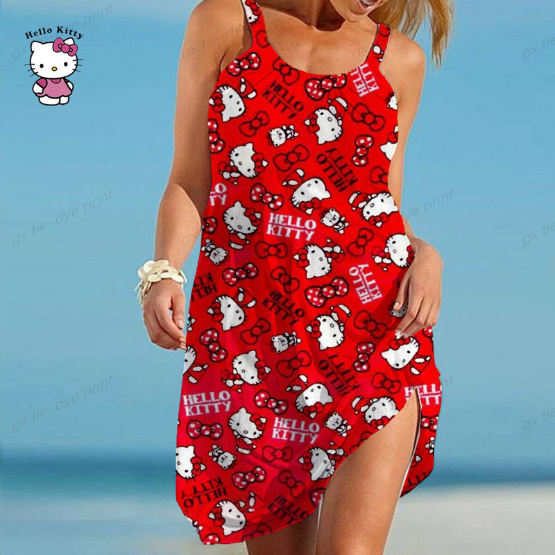 New Hello Kitty Sexy Beach Dress 3D Print Cartoon Women Sleeveless Dress Hawaiian Vintage