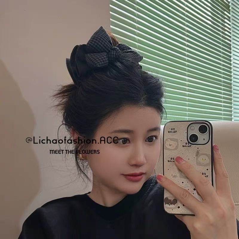 黒とグレーのチェック柄リボンヘアゴム韓国のハイエンドヘアアクセサリーヘッドバンド 2025 新しい質感生地腸リングヘアロープ女性のための|undefined