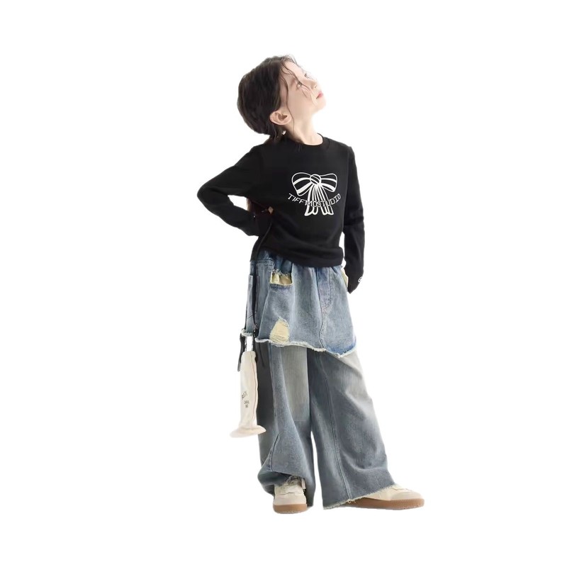 童装女童牛仔裤新款洋气潮流中大童直筒毛边裙裤假两件百搭款|undefined