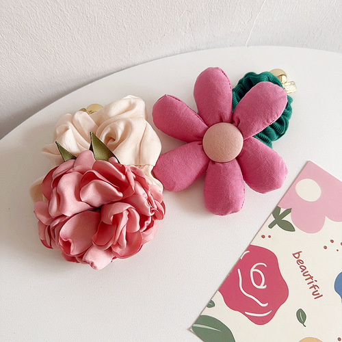 New French pastoral fabric pink large flower girly children's intestine hair rope rubber band headwear hair accessories