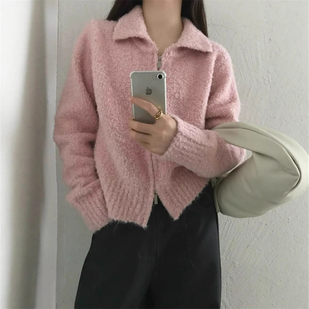 Korean-Style Sweet Lapel Double-Zipper Knitted Cardigan for Women, New Autumn and Winter Loose Fit, Slimming, Age-Reducing, Soft Sweater Jacket