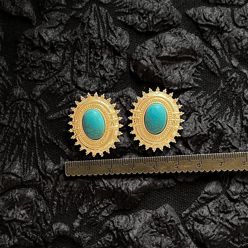5g Weight Bracelets, Earrings Classification Copper Material Star, Turquoise, Oval Pattern 1999 Vintage Turquoise Gold Earrings Collection Vintage Bohemia Style Grids Geometric Pattern Copper Jewelry Women Fashion Accessories 7