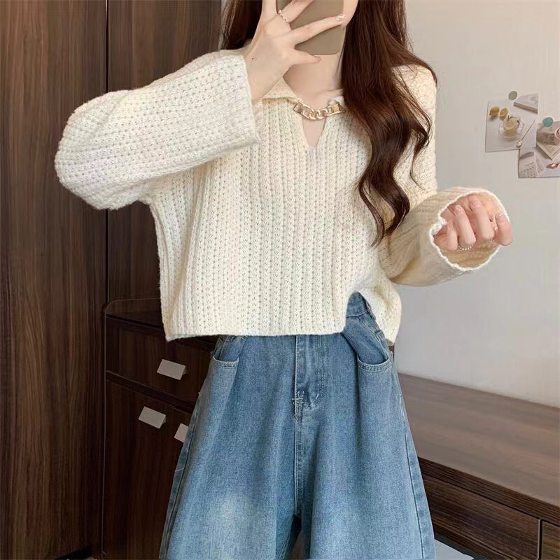 韩系秋冬新款翻领链条针织套头衫设计感休闲慵懒风毛衣女软糯上衣|undefined
