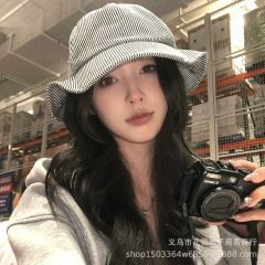 2025新款日系文艺复古条纹渔夫帽子女夏季百搭显脸小防晒遮阳帽潮