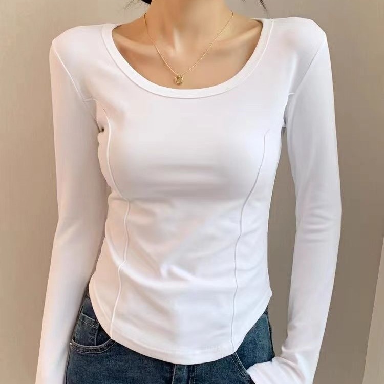 白色纯棉打底衫女内搭秋冬季新款长袖t恤鱼骨上衣设计感弧形洋气