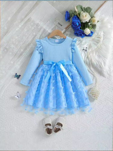 Independent Station Autumn and Winter Girls Three-dimensional Butterfly Sweet Mesh Belt Long-sleeved Dress