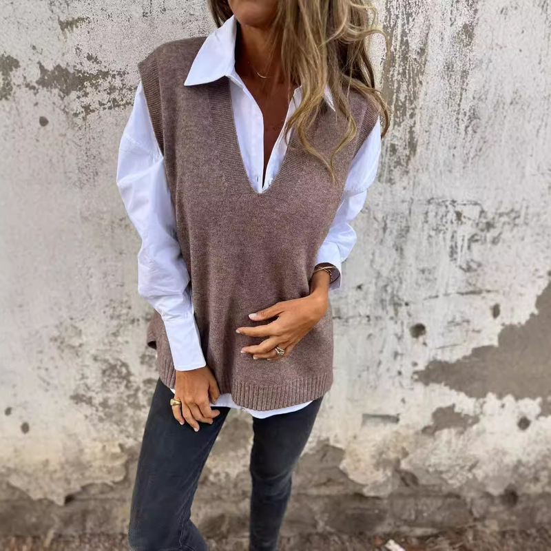 2024 Independent Station Cross-Border Amazon Autumn and Winter Casual V Neck Knitted Pure Color Sweater Versatile Basic Vest X64