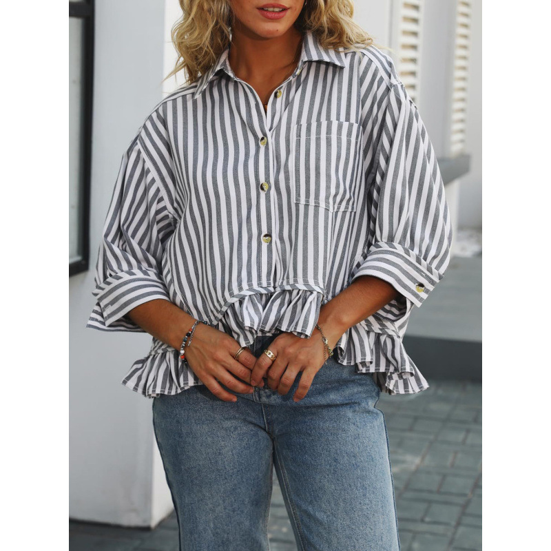 European and American Cross-Border Foreign Trade Amazon Women's Fashion Casual Striped Lace Hem Loose Shirt with Five-Quarter Sleeves European and American Cross-Border Foreign Trade Amazon Women's Fashion Casual Striped Lace Hem Loose Shirt with Five-Quarter Sleeves