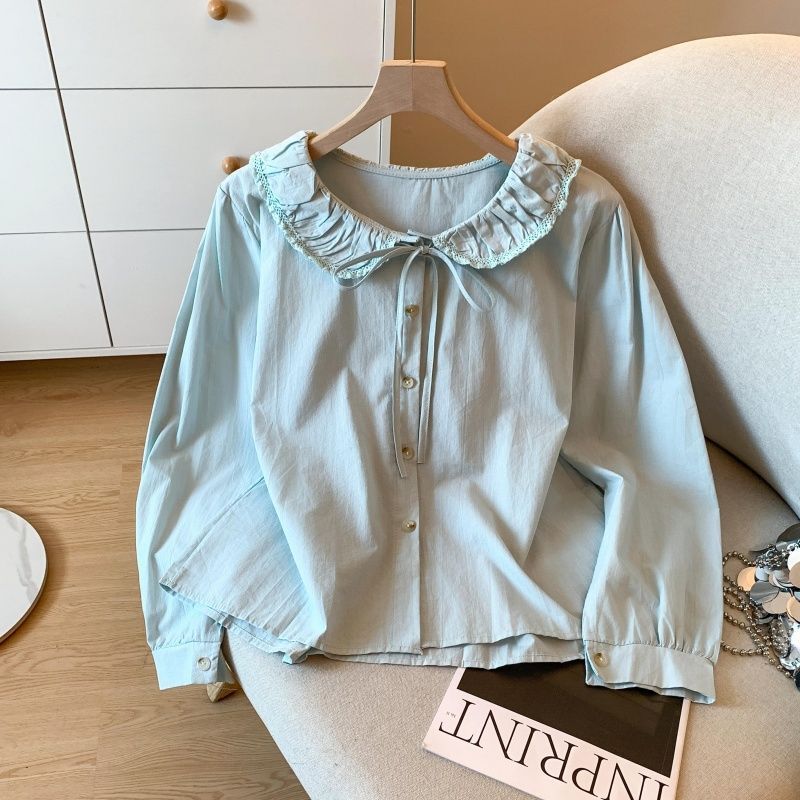 French Lace Doll Collar Lace-Up Shirt for Women Early Autumn New Style Beautiful Loose and Versatile Long-Sleeved Top