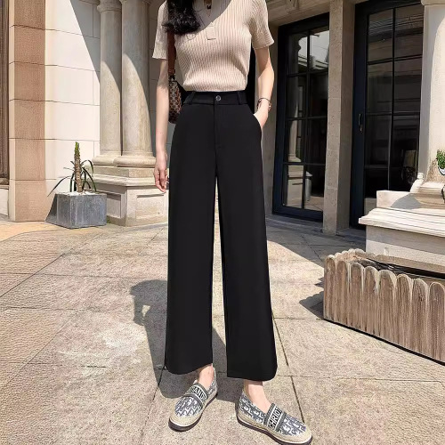 Black Women's Summer Thin Straight Leg High-Waisted Flowing Suit Pants for Loose Women Pear Shape 9/10 Length