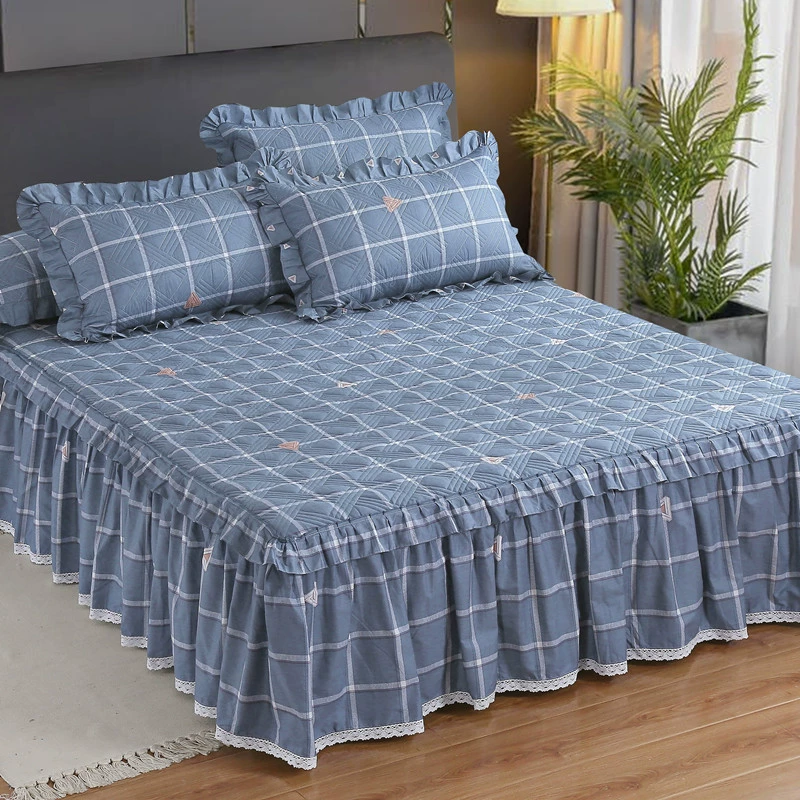Новая стеганая клетчатая юбка для кровати, цельная, из чистого хлопка, утолщенная, с противоскользящим кружевом, пылезащитный чехол, индивидуальный весенний дизайн