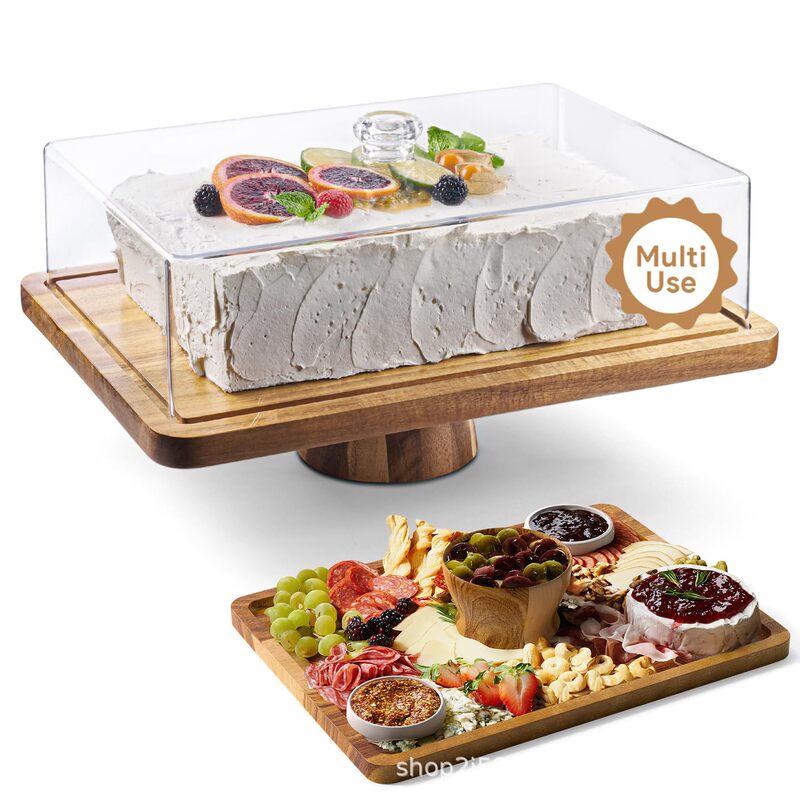 Wooden Cake Plate Transparent Glass Display Dinner Plate Dessert Pastry Stand Western Food Plate Table Wooden Dessert Cake Plate