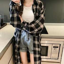 春装新款港风长袖格子衬衫宽松慵懒中长款衬衣外套M-4XL200斤欧美