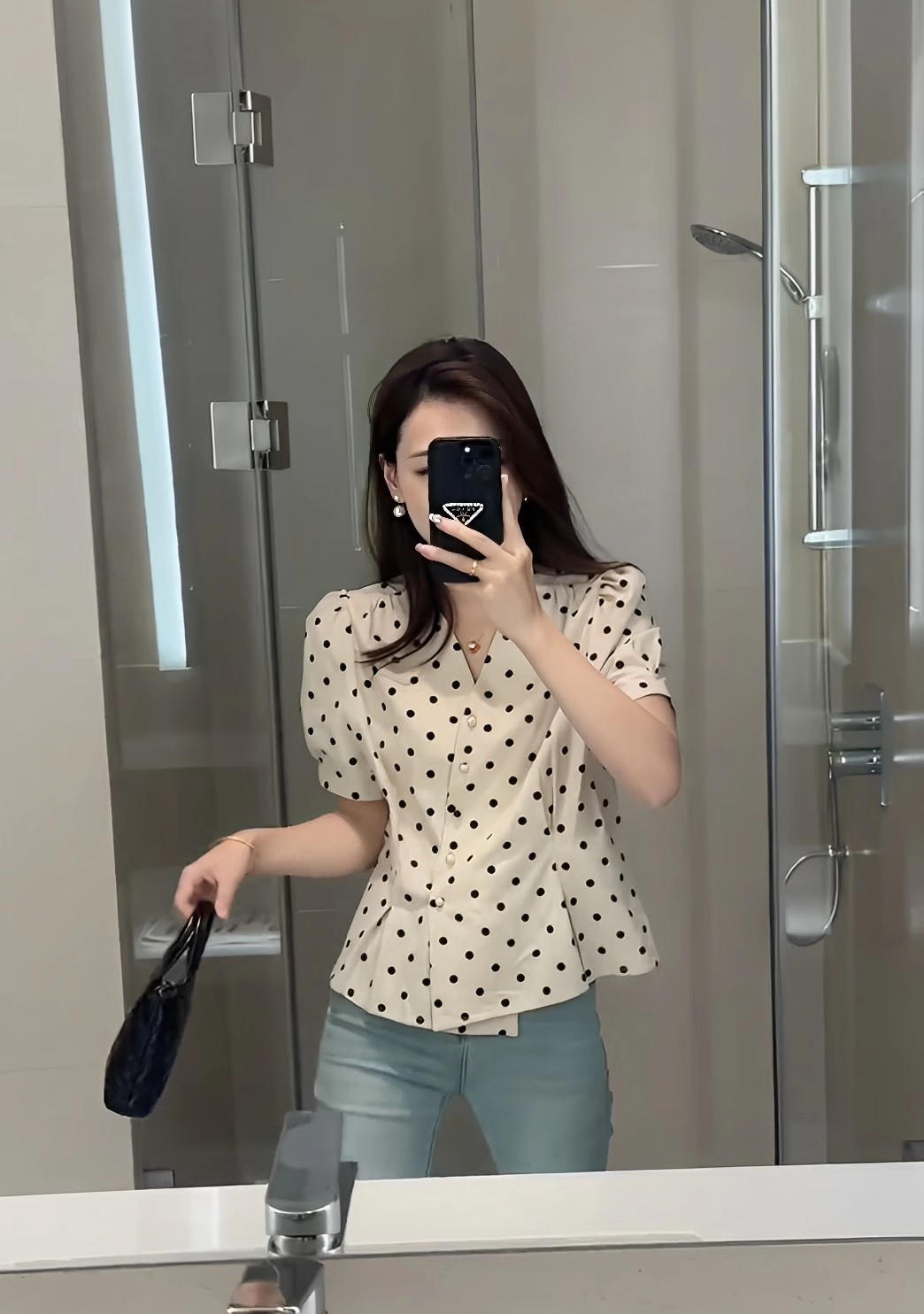 Áo sơ mi nữ tay ngắn chấm bi kiểu Pháp thắt eo — Chấm đen trắng chi tiết 5