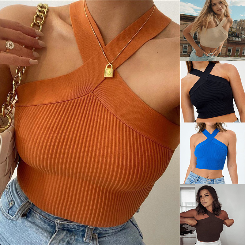 182g Weight Spandex Fabric Type Short Top Length Halter Crisscross Tank Tops Type Holiday, Street Occasion Halter Neck Neckline Slim Fit Type Solid Color Pattern Summer, Spring Season Women's Gender Backless Design Streetwear Style Wholesale Women's Streetwear Solid Color Backless Tank Tops 无