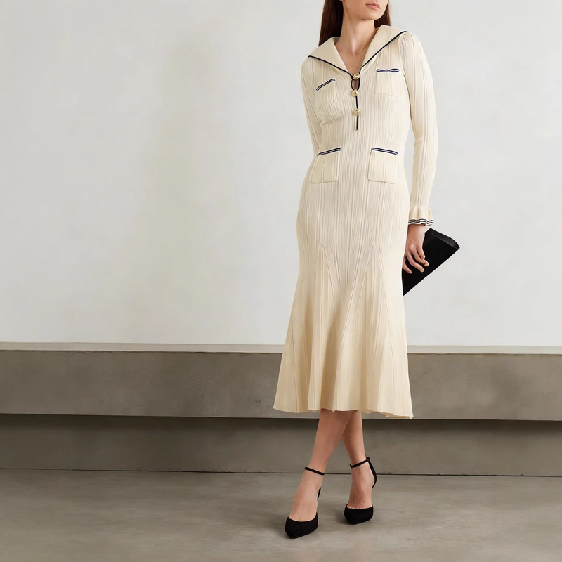 Autumn and Winter Designer Trendy Brand Navy Collar Color-Blocking Fashion Slim Fit Bodycon Ruffle Sleeve Knit Long Dress Autumn and Winter Designer Trendy Brand Navy Collar Color-Blocking Fashion Slim Fit Bodycon Ruffle Sleeve Knit Long Dress