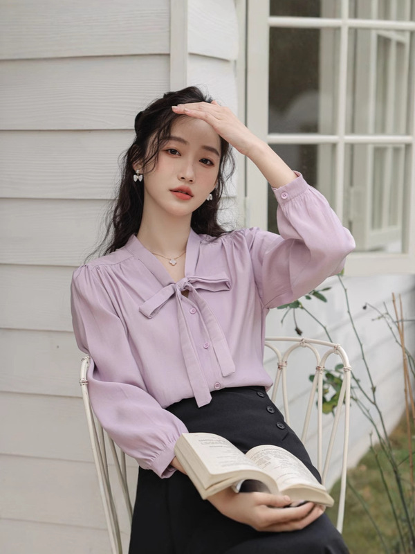 哥家商场同款女装2025秋季时尚百搭白色蝴蝶上衣女法式泡泡袖上衣|undefined