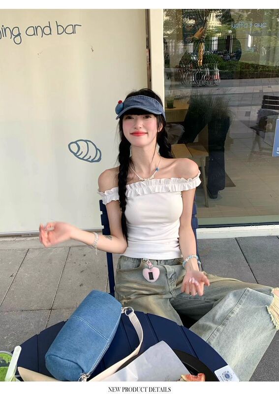 スイートスタイルイヤリングワンショルダーオレンジ半袖Tシャツレディース夏シックなスリムフィットホットガールショートトップ|undefined