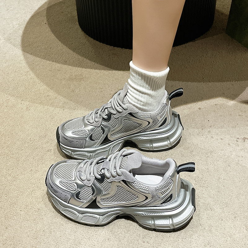 Torpe zapatillas para las mujeres 2024 Primavera Nueva plataforma de cuero genuino malla punta redonda zapatos casuales plata moda marca zapatilla