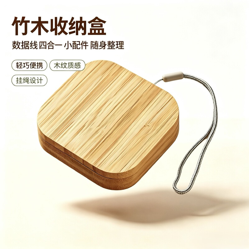 In-stock 60W fast charger, 6-in-1 eco-friendly round bamboo and wood data cable, multifunctional storage box gift cable