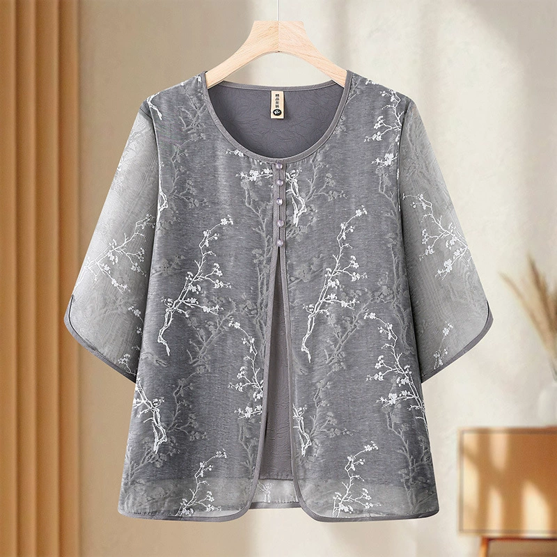 Весенняя модная рубашка с рукавом три четверти для 50-летней мамы, топ для женщин среднего возраста, весенне-летняя тонкая подкладка из двух частей с принтом