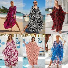 2025新款欧美人棉印花沙滩罩衫手工编织宽松长袍连衣裙比基尼罩衫