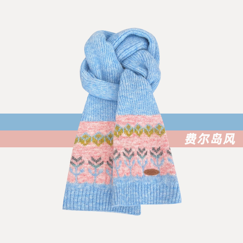 新款红色费尔岛提花小标毛线围巾女秋冬保暖百搭韩系复古针织围脖|undefined