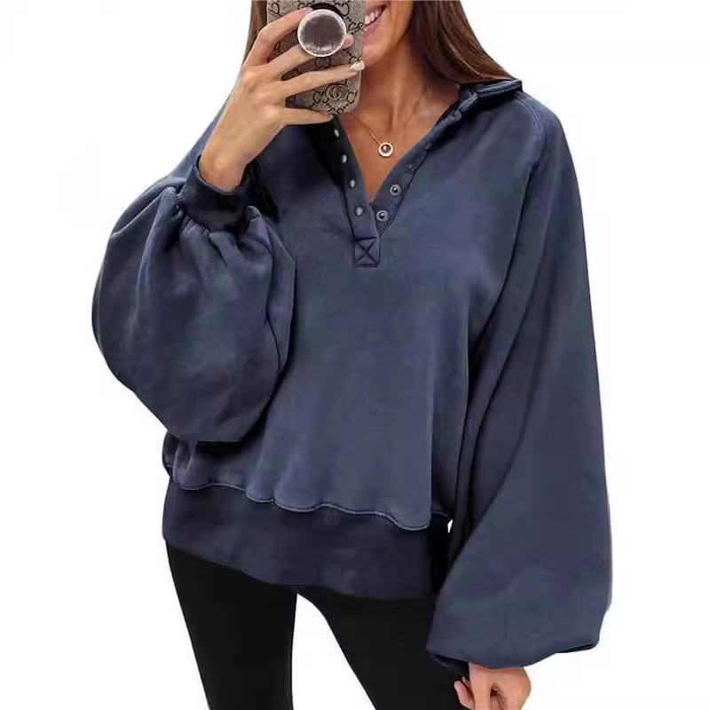 Women's Sweatshirt Autumn Clothing 2023 Lantern Sleeve Shoulder Pullover Hoodie Buckle Fashion Clothing Spot