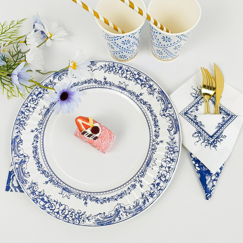 Chinese-style blue and white porcelain paper plate disposable paper plate paper dish retro party wedding floral edge dish