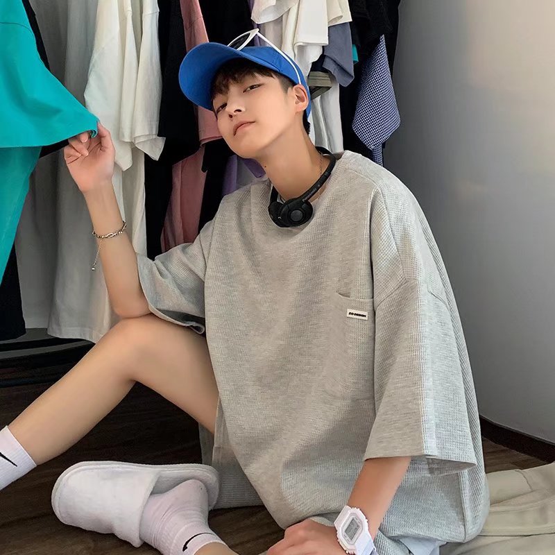 Pantalones cortos de verano marca de moda waffle manga corta Camiseta suelta media manga recta pierna ancha casual pantalones cortos traje deportivo