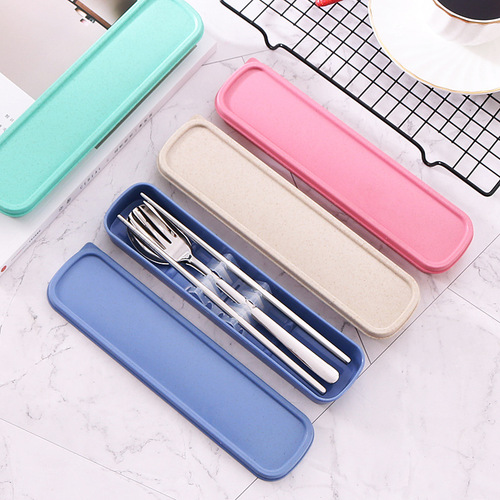 304 stainless steel portable tableware three-piece set chopsticks spoon fork set student tableware storage box gift