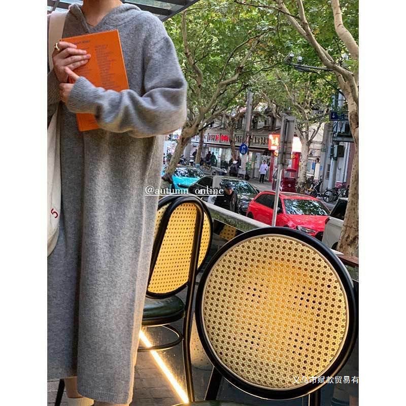 慵懒风连帽针织连衣裙女2023早秋新款韩版宽松休闲内搭毛衣卫衣裙