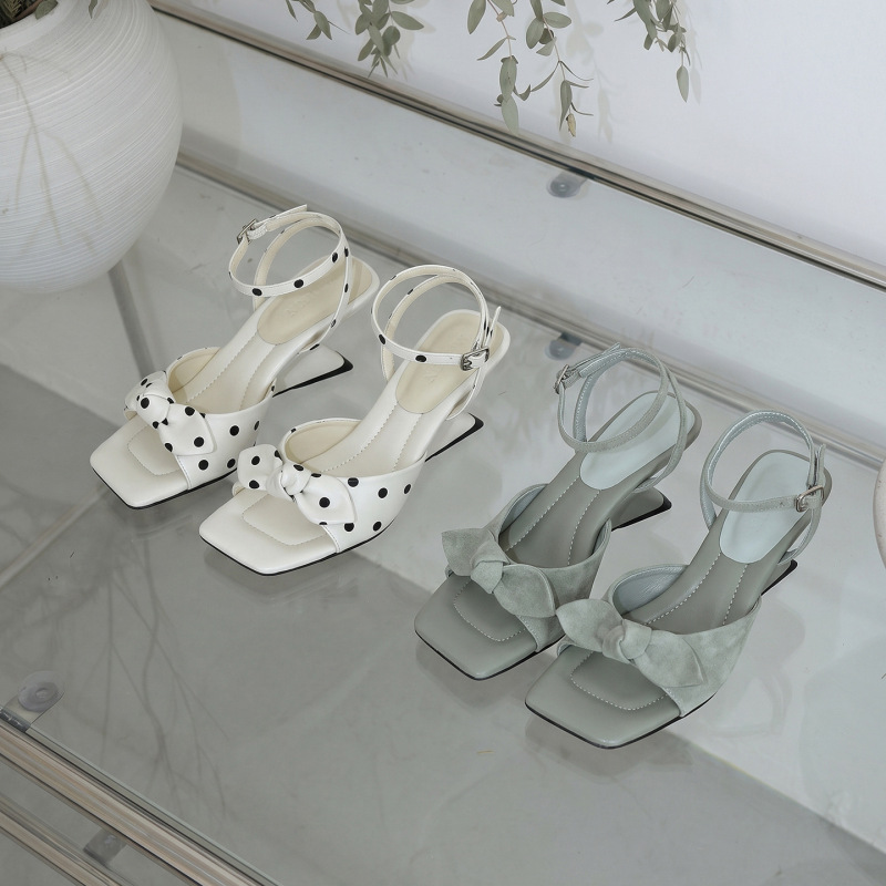 Polka Dot Bowknot Shallow Mouth Cute Mature Style High-Heeled Sandals 2026 Summer Square Toe Irregular Heel Open-Toe Women's Shoes