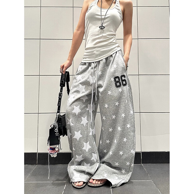 Autumn Retro Gray Lazy Drape Star Print Elastic Waist Sweatpants Women's Loose Hip-Hop Jazz Dance Scimitar Pants