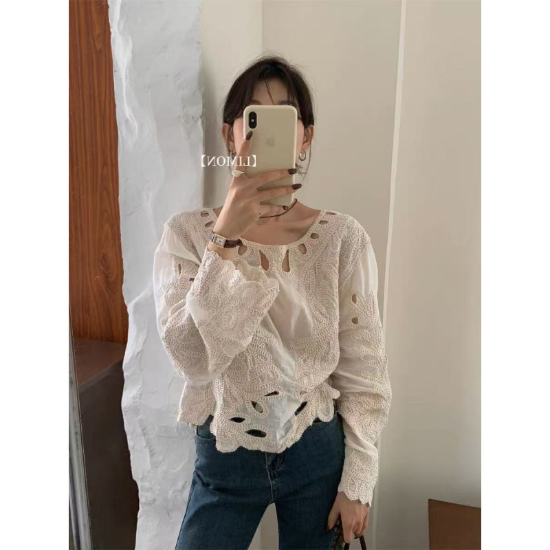 韩系设计感镂空刺绣长袖套头衬衫女春秋新款独特绝美宽松露肩上衣|undefined
