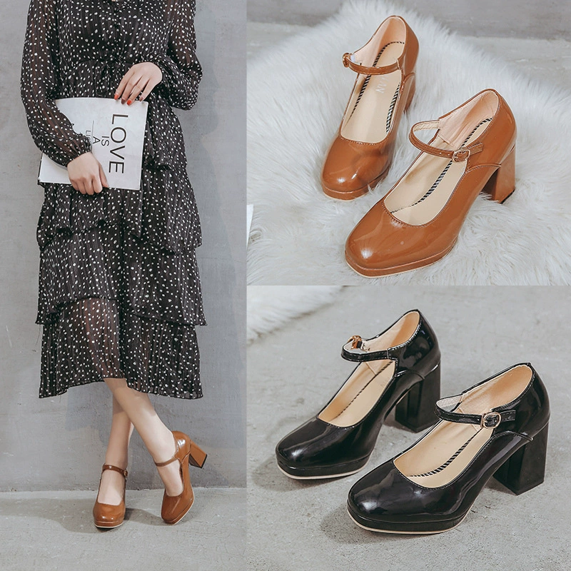 2023 Весна и осень Новые неглубокие женские туфли Мэри Джейн Ретро лакированные туфли на толстом каблуке Большие размеры
