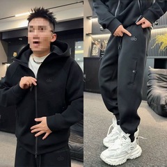 秋季潮牌纯色连帽休闲运动套装男高级感拉链外套束脚休闲裤两件套