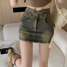 美式复古牛仔半身裙女夏季高腰显瘦交叉镂空a字包裙裙辣妹短裙女