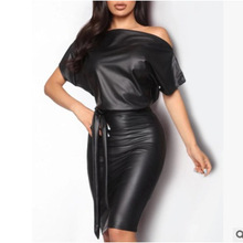 2025速卖通亚马逊虾皮黑色斜领蝙蝠翼短袖仿皮Bodycon连衣裙 现货