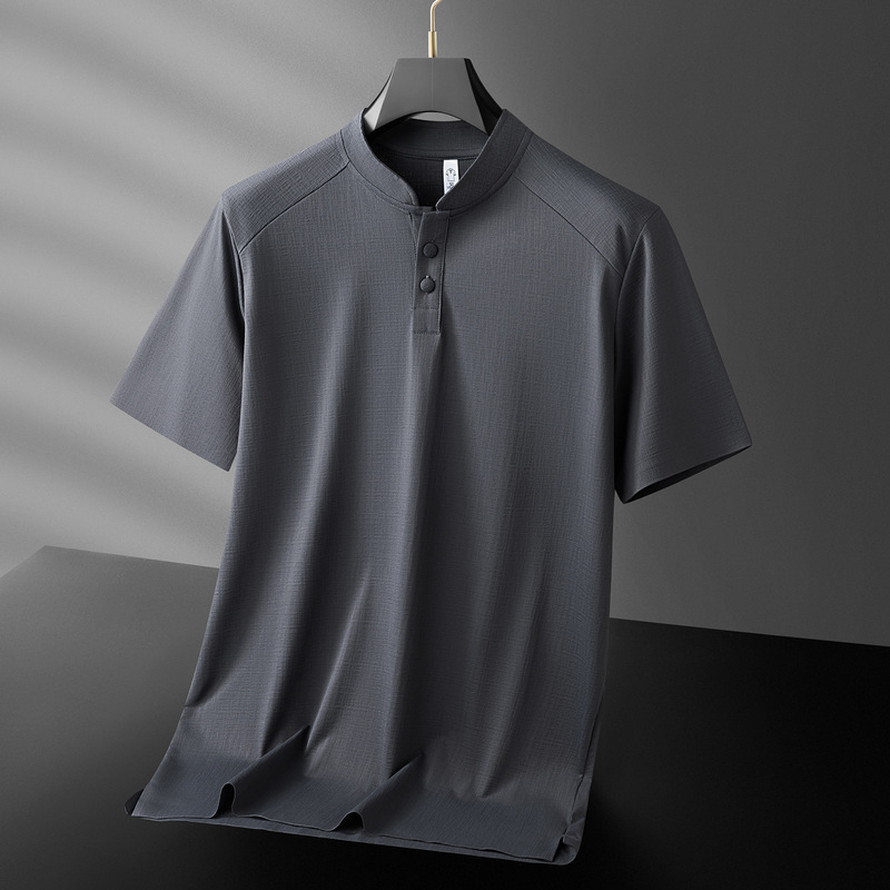 Light Luxury High-End Casual Suit for Men, Summer Stand-Up Collar, Comfortable Ice Silk Short-Sleeve T-Shirt, Elastic Waist Long Pants Set