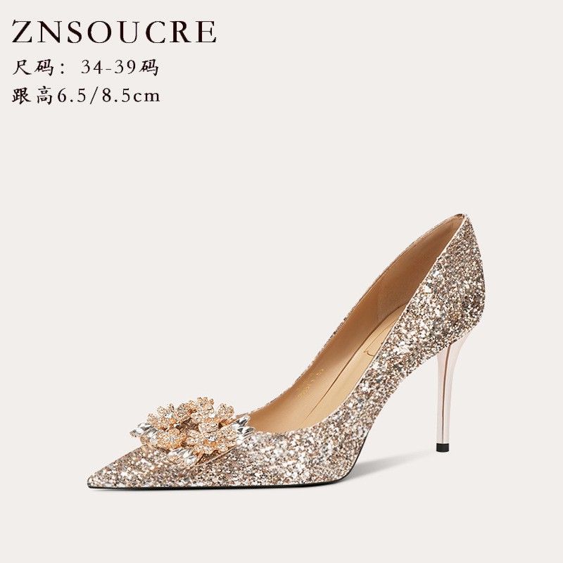 708-A2羊皮晚宴水钻新娘鞋秀禾礼服伴娘法式细跟尖头水晶高跟鞋女