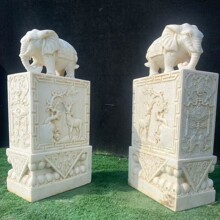 汉白玉兽头吉象门墩一对仿古小象石鼓石雕别墅庭院招财门墩摆件