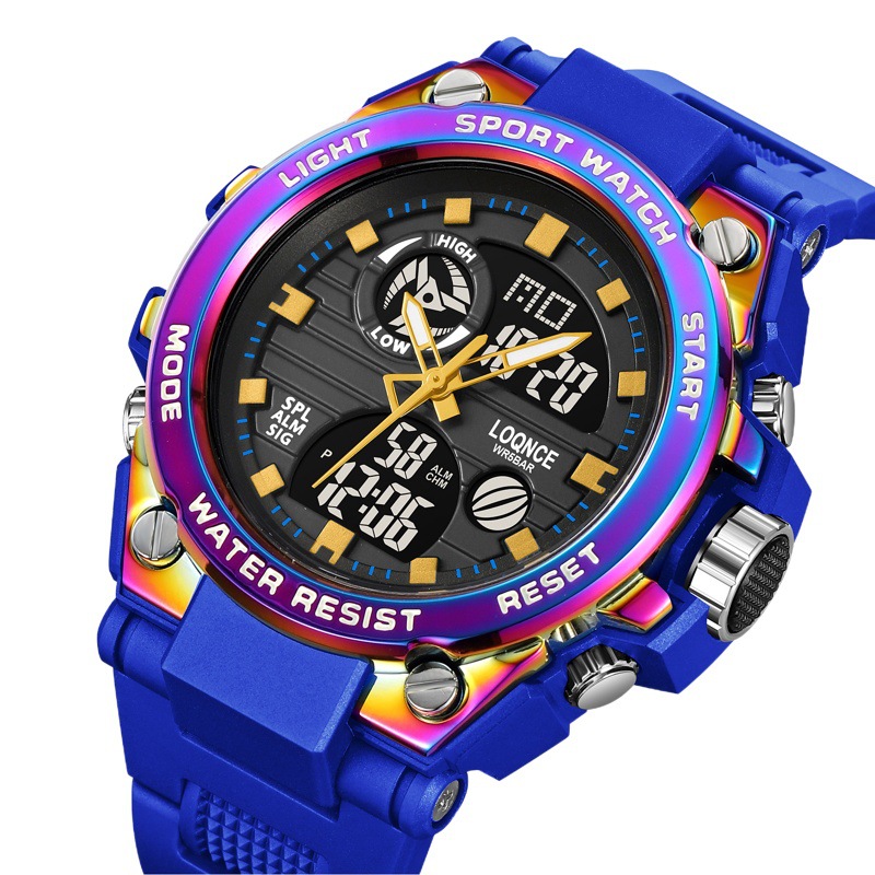 LOQNCE popular transfronterizo colorido reloj para estudiantes masculinos de moda multi-funcional doble pantalla impermeable reloj electrónico 98002