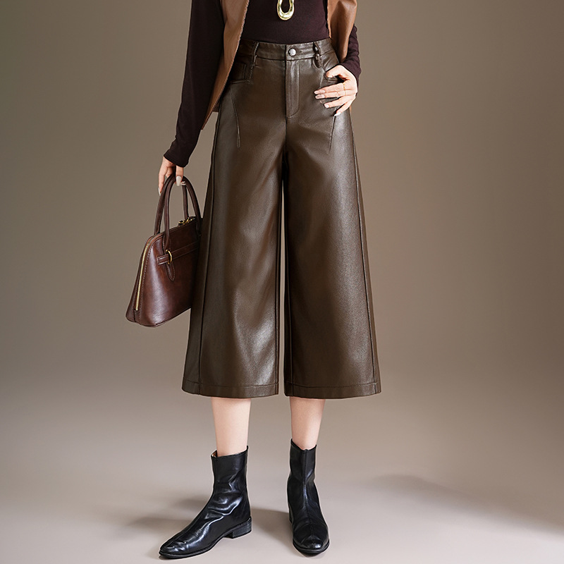 PU皮裤女秋冬季七分阔腿裤2025新款高腰显瘦宽松垂感休闲直筒裤子
