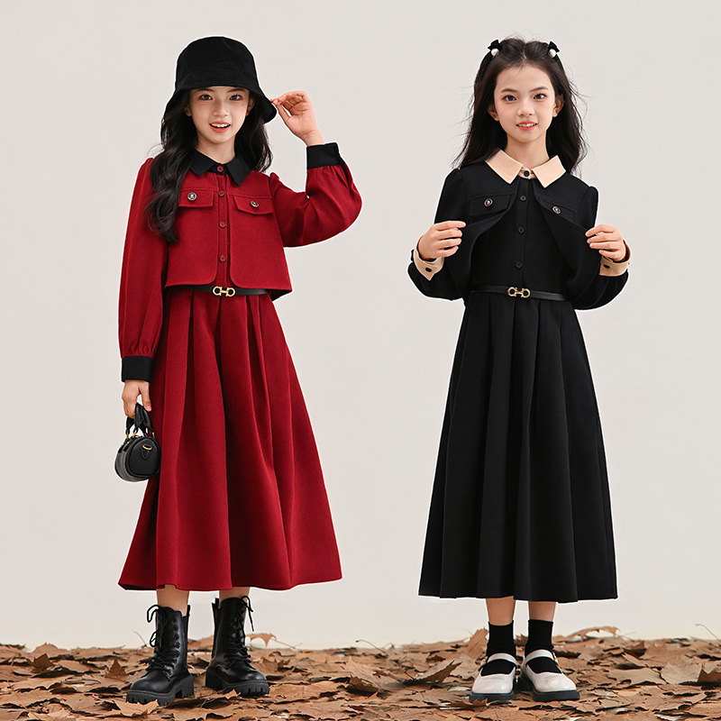 Girls' Red Chic Faux Two-Piece Dress, Autumn/Winter New Style, Fleece-Lined, Hong Kong Style, Slim Waist, Pleated Long Skirt