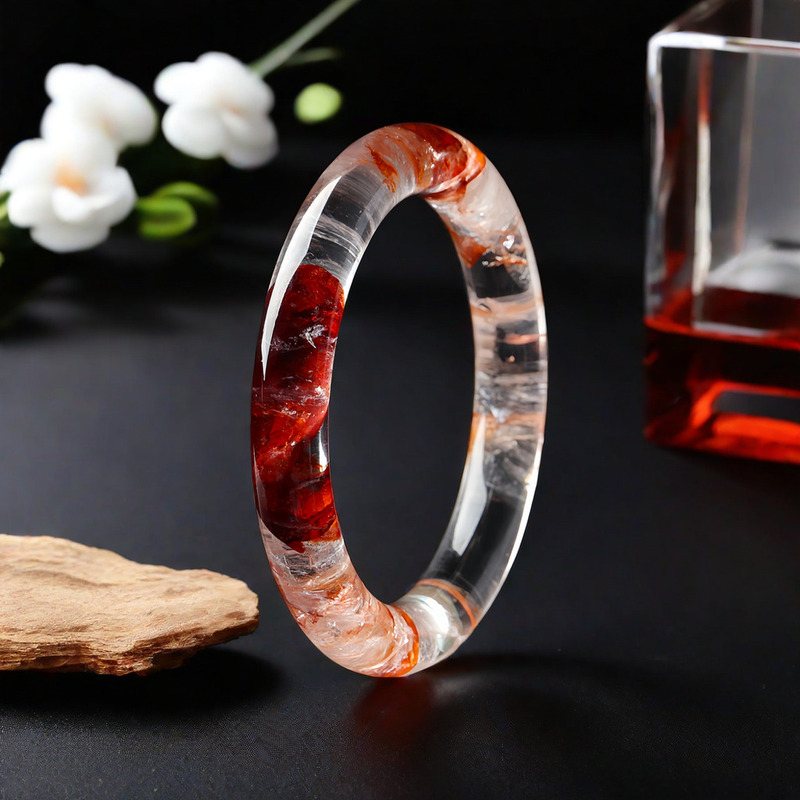 Natural Crystal Bracelet with Dynamic Floral Patterns, Collectible Grade, Clear and Transparent Ghost Crystal, Donghai Ketang Bracelet Wholesale