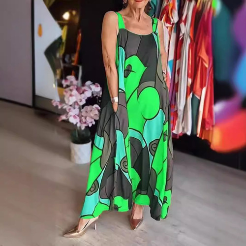 Summer European and American Women's Fashion Bestselling Casual Style Sleeveless Pocket Strappy Geometric Print Dress