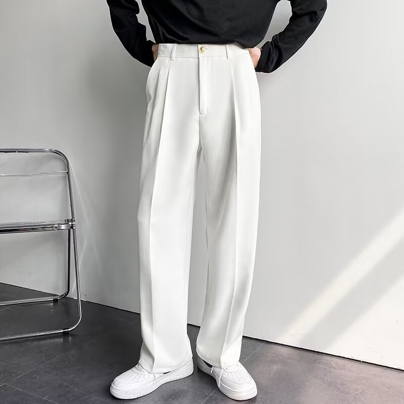 High-End Draped Trousers for Men 2025 Summer Loose Straight Trousers Ice Silk White Suit Trousers Men's Casual Trousers