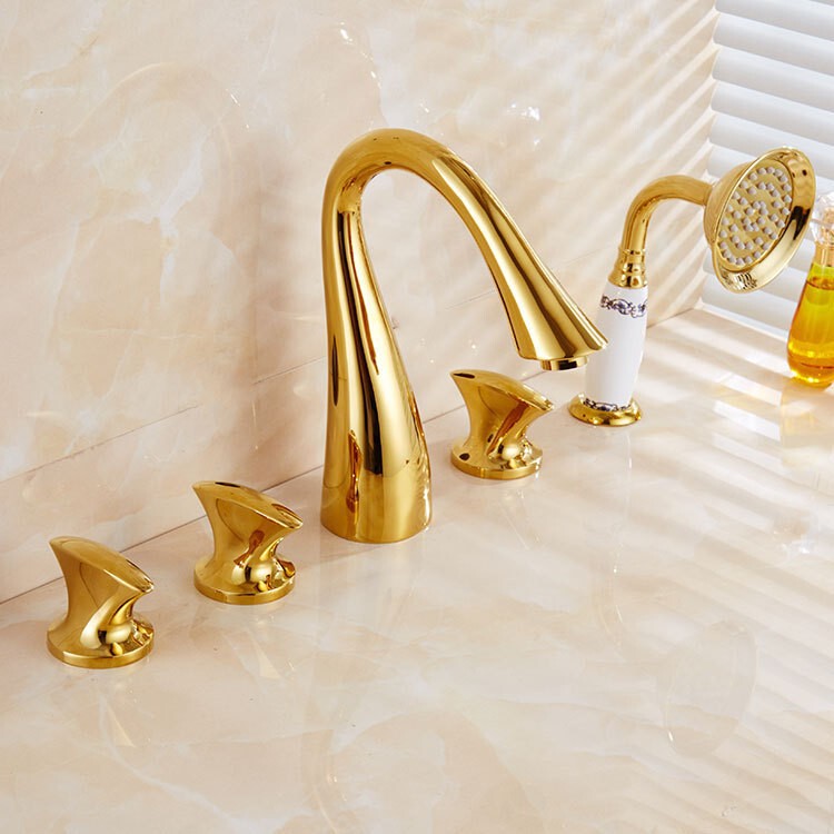 All-Copper Gold Bathtub Faucet Three-Handle Five-Hole Five-Piece Set with Side-Mounted Hot and Cold Mixing Faucet and Showerhead Faucet